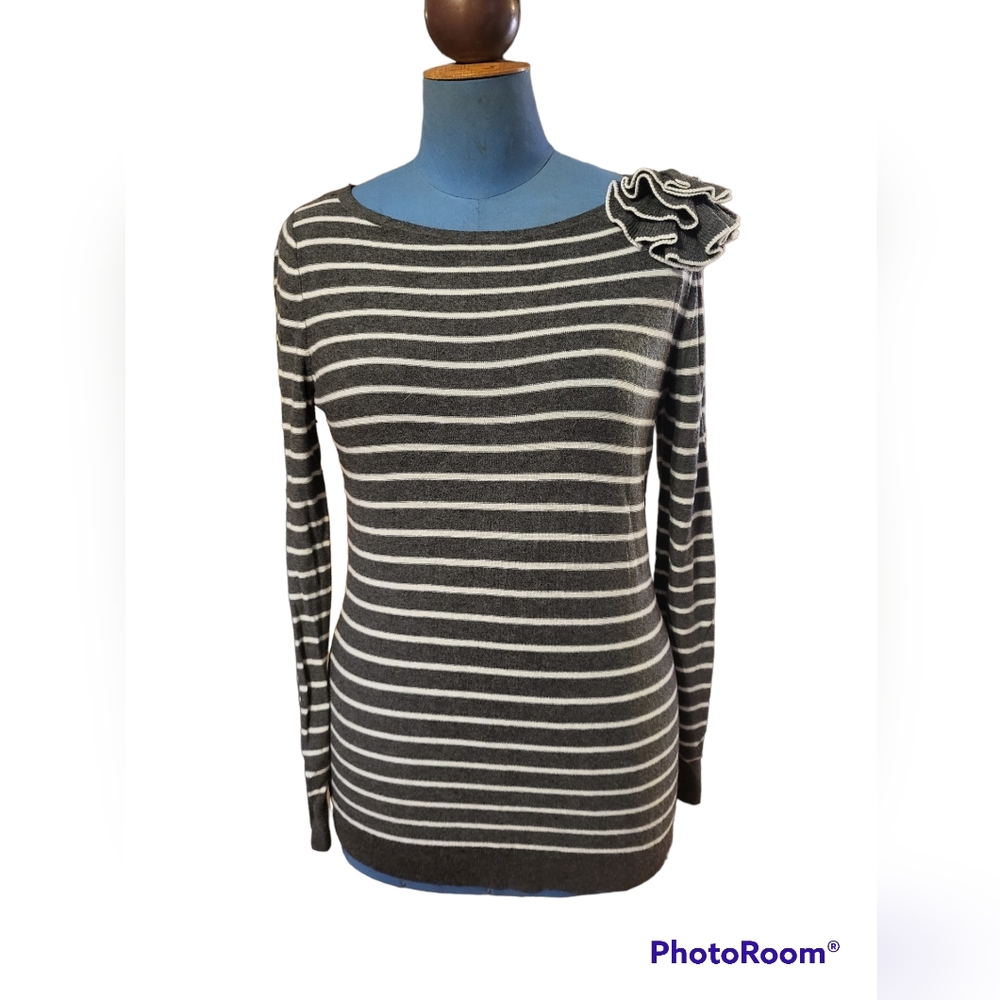 Ann Taylor Loft extra fine merino striped sweater with flower embellishment M
